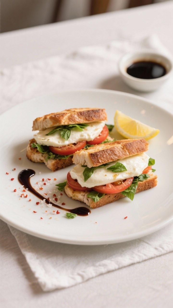 Final plated dish: Caprese Chicken Melt with Balsamic Drizzle arranged on a matte white dinner plate