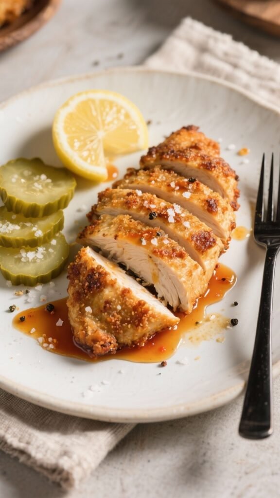 Final plated dish: Restaurant-quality presentation of air-fried “Down-South” chicken breasts sli