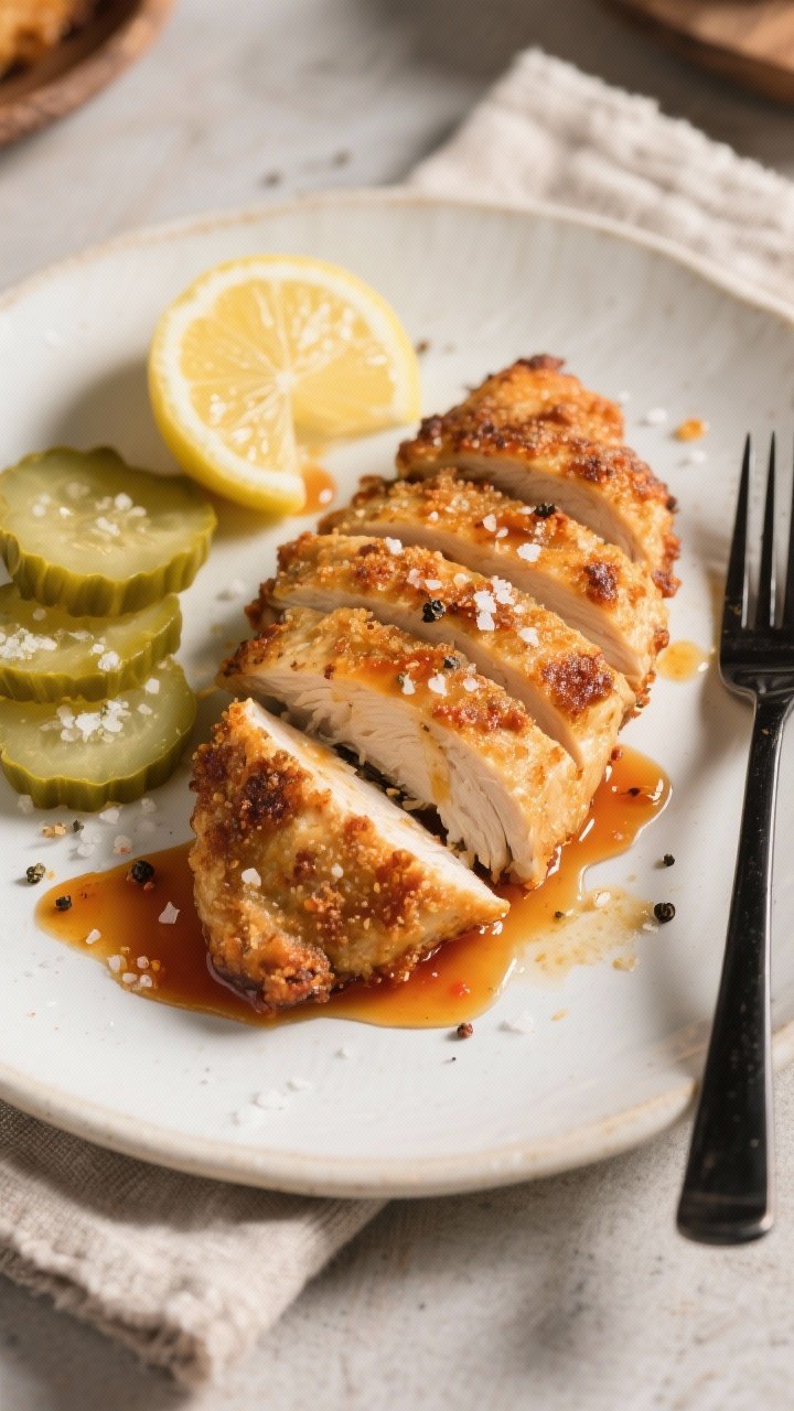 Final plated dish: Restaurant-quality presentation of air-fried “Down-South” chicken breasts sli