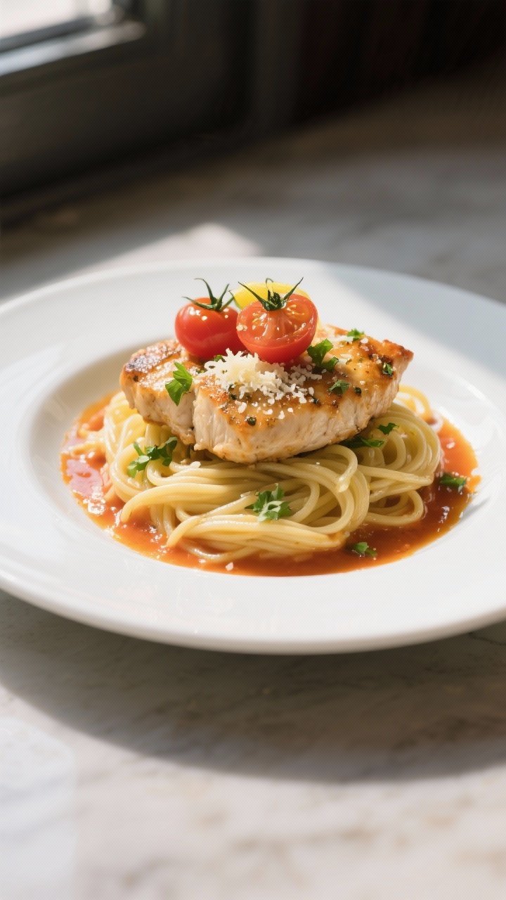 Final plated dish: Restaurant-quality presentation of lemon-garlic chicken cutlets on a wide, white 