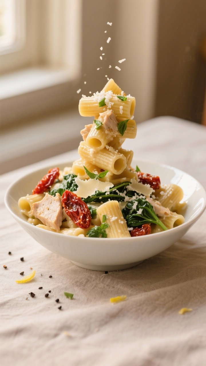 Final plated hero: Creamy Tuscan chicken pasta twirled high in a shallow white ceramic bowl, sauce c