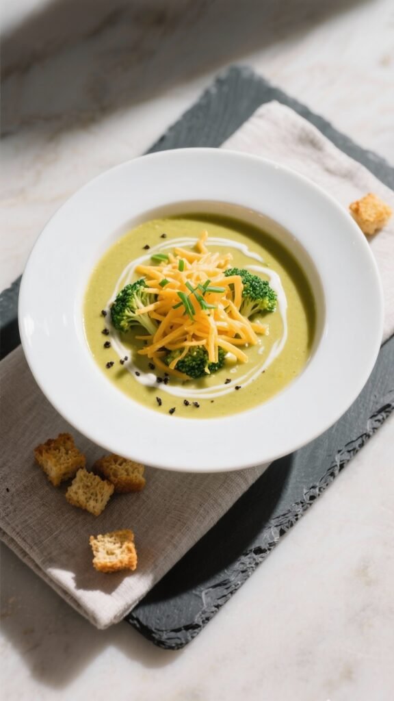 Final plated hero, restaurant-quality presentation: Beautifully plated creamy broccoli cheddar soup
