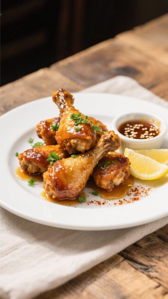 Final plated presentation: Restaurant-quality plating of hot honey chicken legs on a wide white rimm