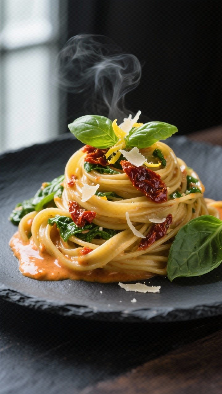Final plated, restaurant-style: Three-quarter hero shot of fettuccine twirled into a neat nest, luxu