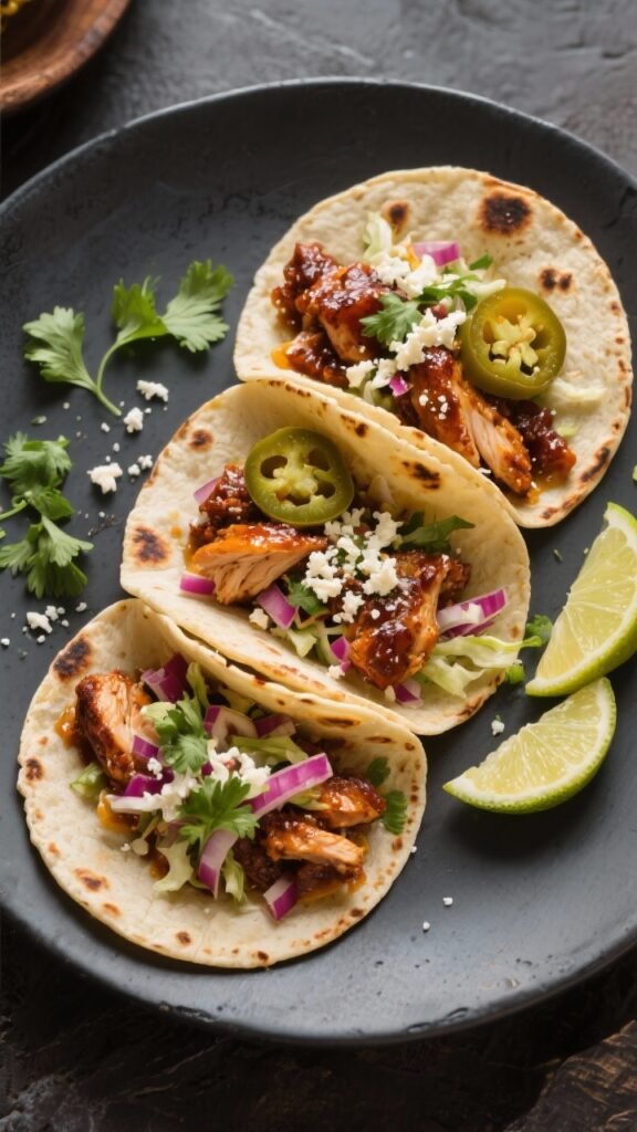 Final plated street tacos: Beautifully styled trio of street-size corn tortillas filled with saucy c