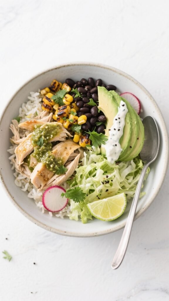 Overhead bowl — Balanced, build-your-own bowl: Tasty top-down shot of a salsa verde chicken bowl a