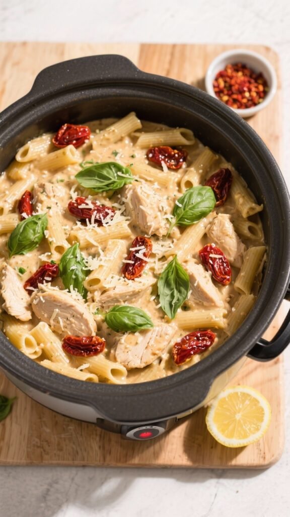 Overhead family-style top view: One-pot presentation of the finished creamy Tuscan chicken pasta in