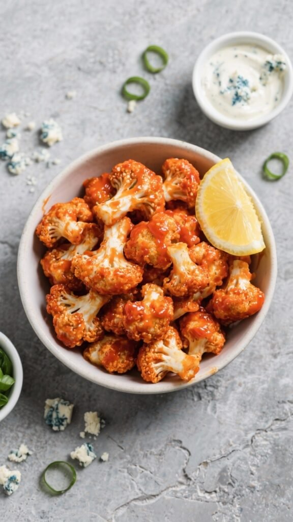 Overhead tasty top view: Game-day spread featuring a heaping bowl of buffalo cauliflower bites tosse