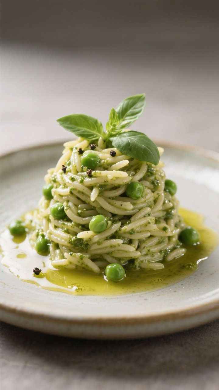 Restaurant-quality final presentation: three-quarter angle close-up of a twirled mound of creamy pes