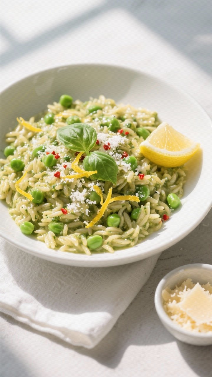 Tasty : final One-Pot Creamy Pesto Orzo plated in a wide, low white bowl; saucy-not-soupy consistenc