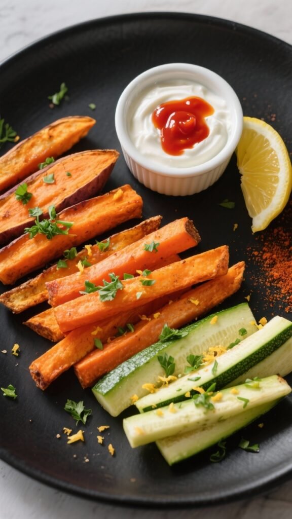 Tasty top view (final presentation): Overhead shot of the veggie “fries” trio arranged in neat c