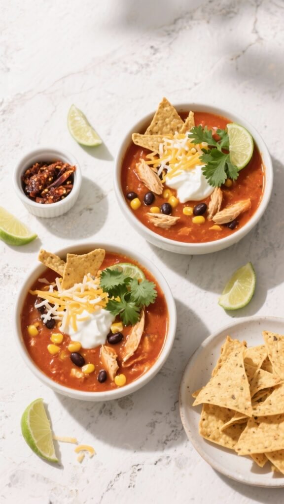 Tasty top view, overhead composition: Flat-lay of two bowls of chicken tortilla soup on a light ston