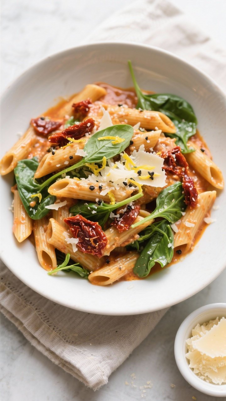 Tasty top view, overhead: Overhead shot of penne coated in creamy sun-dried tomato sauce with wilted