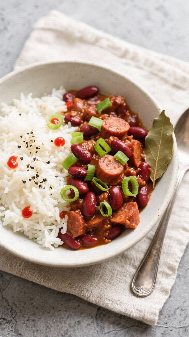 Tasty top view: Overhead shot of a generous bowl of Instant Pot Cajun Red Beans & Rice—fluffy whit