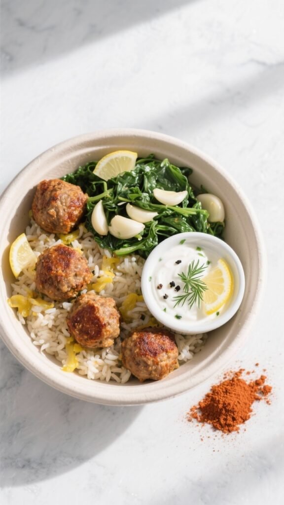 Tasty top view: Overhead shot of a meal-prep bowl with air-fried Cajun turkey meatballs over lemony