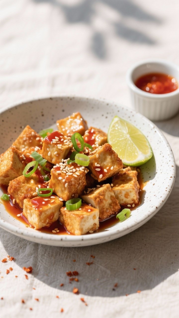 Tasty top view: Overhead shot of a wide, shallow bowl filled with crispy tofu nuggets lightly tossed