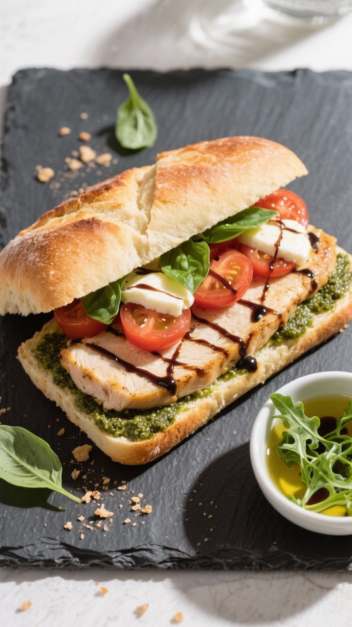 Tasty top view: Overhead shot of Caprese Chicken Melt open-face sandwich on toasted ciabatta, pesto 