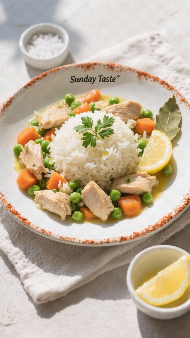 Tasty top view: Overhead shot of the final plated “Sunday Taste” Chicken and Rice in a wide, sha