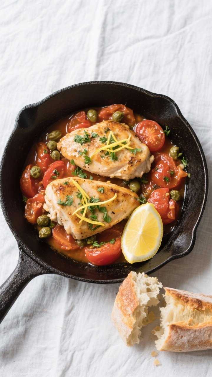 Tasty top view: Overhead shot of the finished lemon-garlic chicken cutlets nestled in a skillet pan 