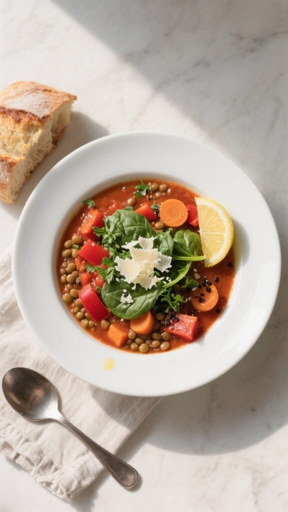 Tasty top view: Overhead shot of the finished lentil & veggie stew in a wide, shallow white bowl, ga