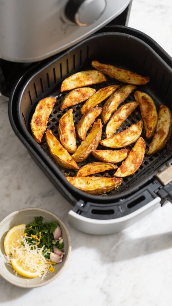 Tasty top view process shot: Overhead shot of an air fryer basket loaded in a single layer with even