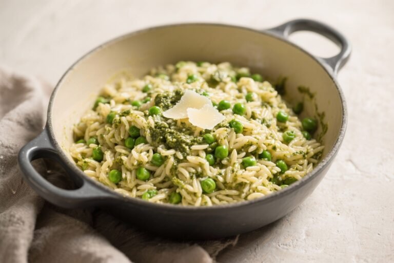 Creamy Pesto Orzo with Peas and Parmesan